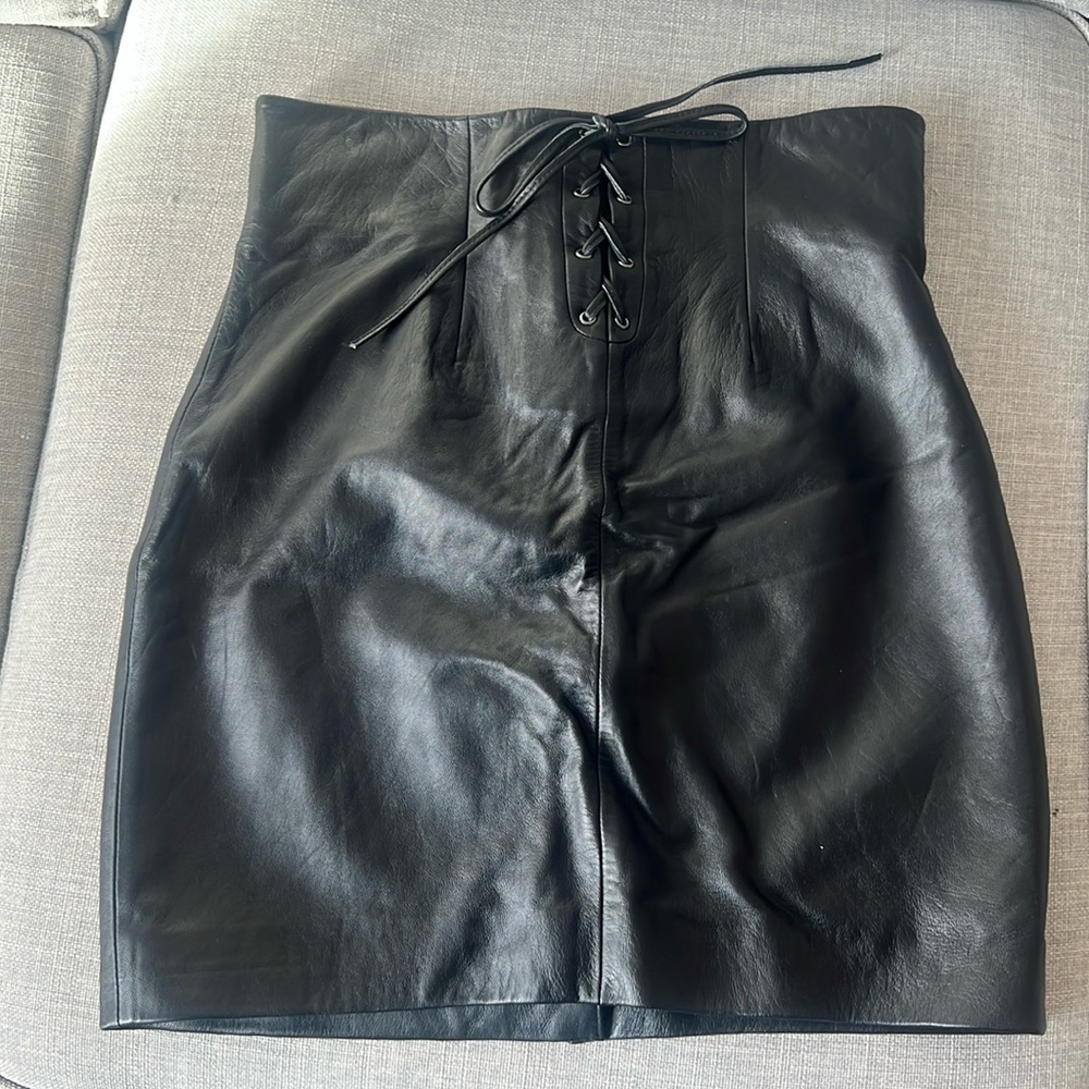 Cynthia Rowley lace front black leather mini skirt, size 4